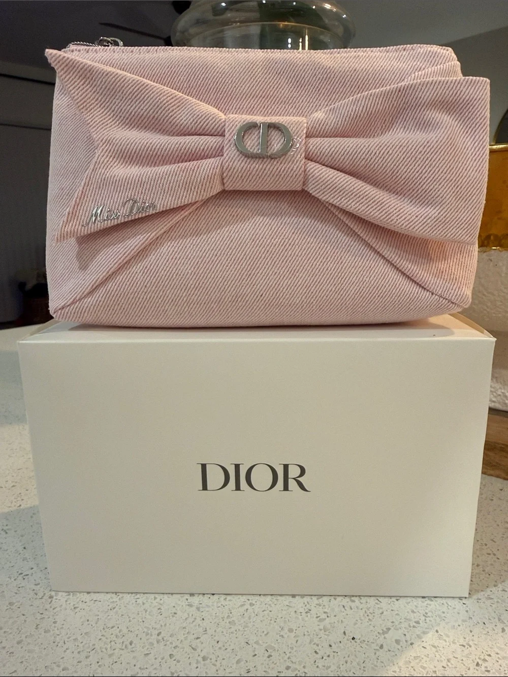 Dior Light Pink Bow Cosmetic Pouch with CD Logo